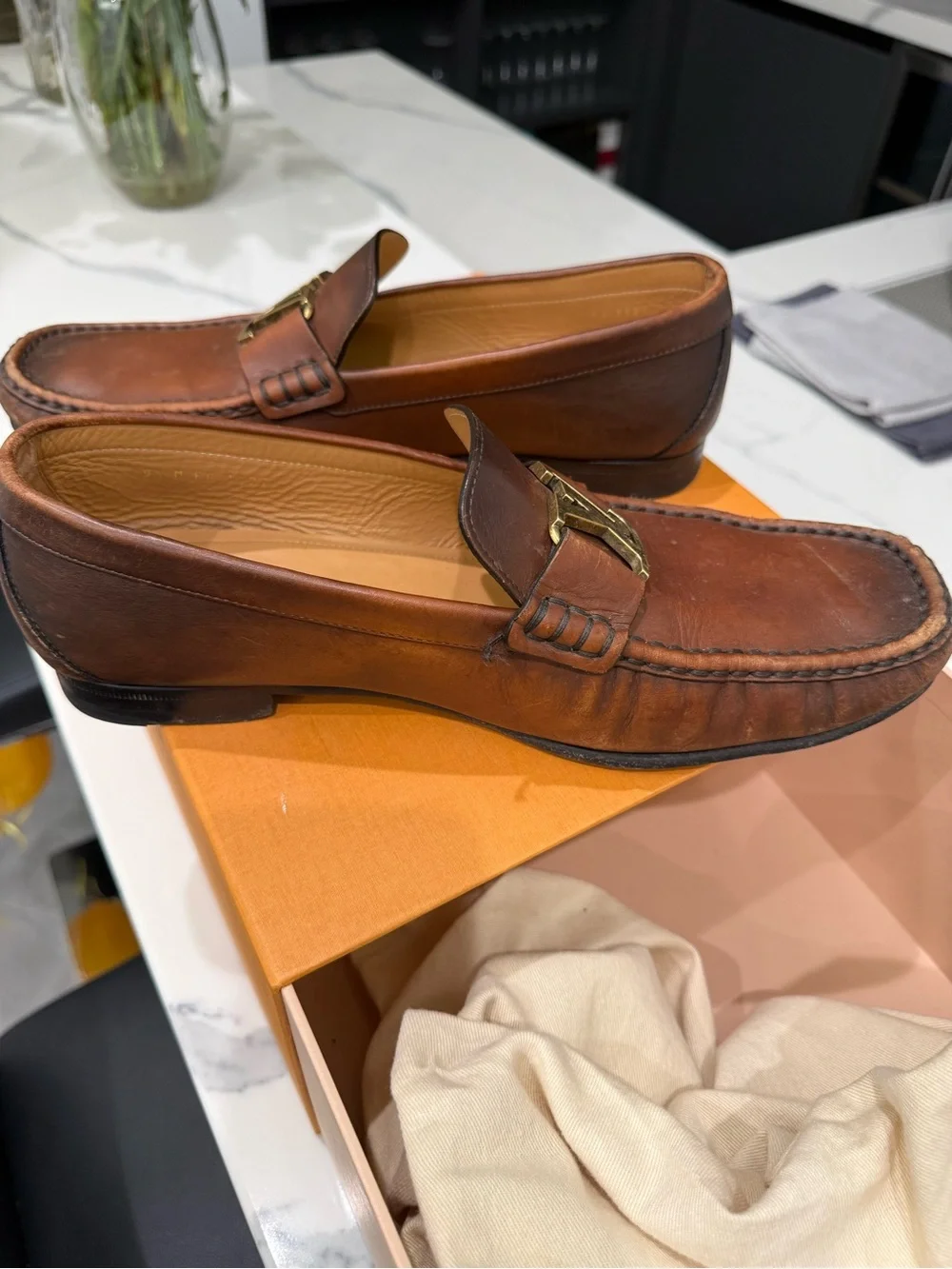 Louis Vuitton Montaigne Brown Leather LV Logo Loafers Authentic Box & Receipt